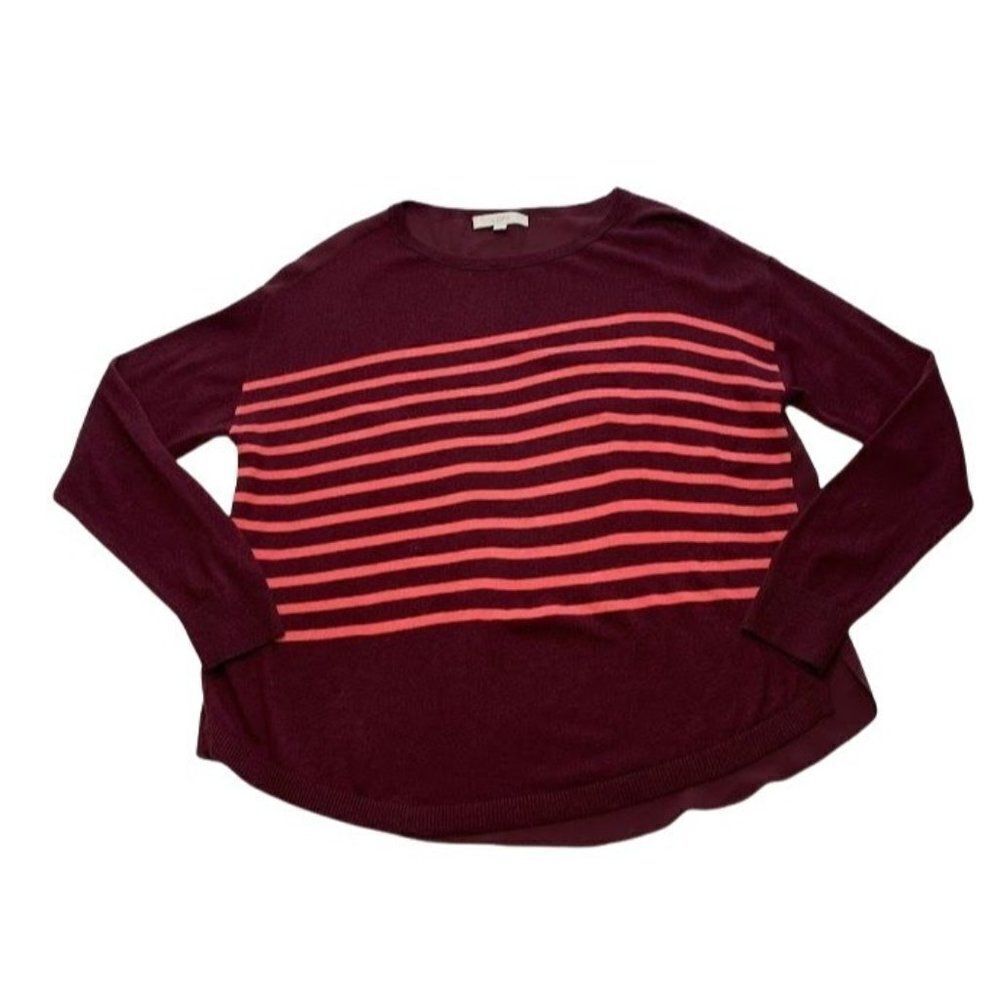 Ann Taylor LOFT Burgundy Pink Stripe Knit Chiffont Top‎ Sz Large
